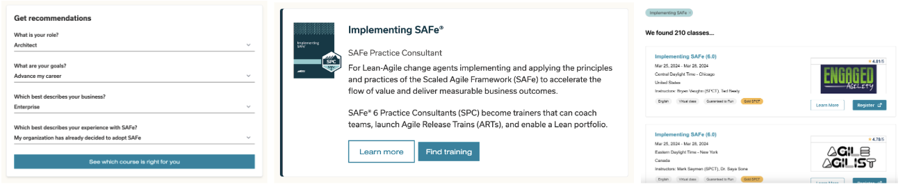 Screenshot of recommendations, course description, and training calendar
